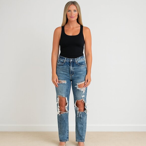 KanCan High Rise Straight Leg Distressed Blue Jeans Size 27 - Picture 1 of 10